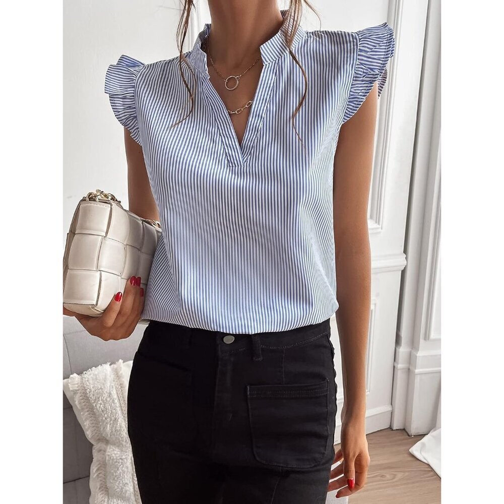 Women's Polyester Ruffle Cap Sleeve Top V Neck Casual Work Outfits Blues - Picture 5 of 5